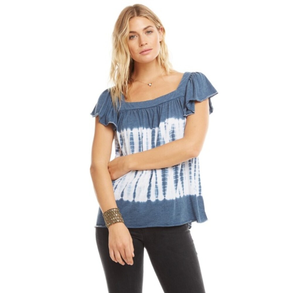 NWT CHASER Square Neck Flutter Sleeve Blue White Tie Dye Short Sleeve Top Size M